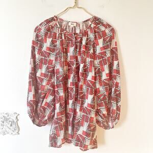 Whit Geo Print Balloon Sleeve Button Front Silk Blouse L